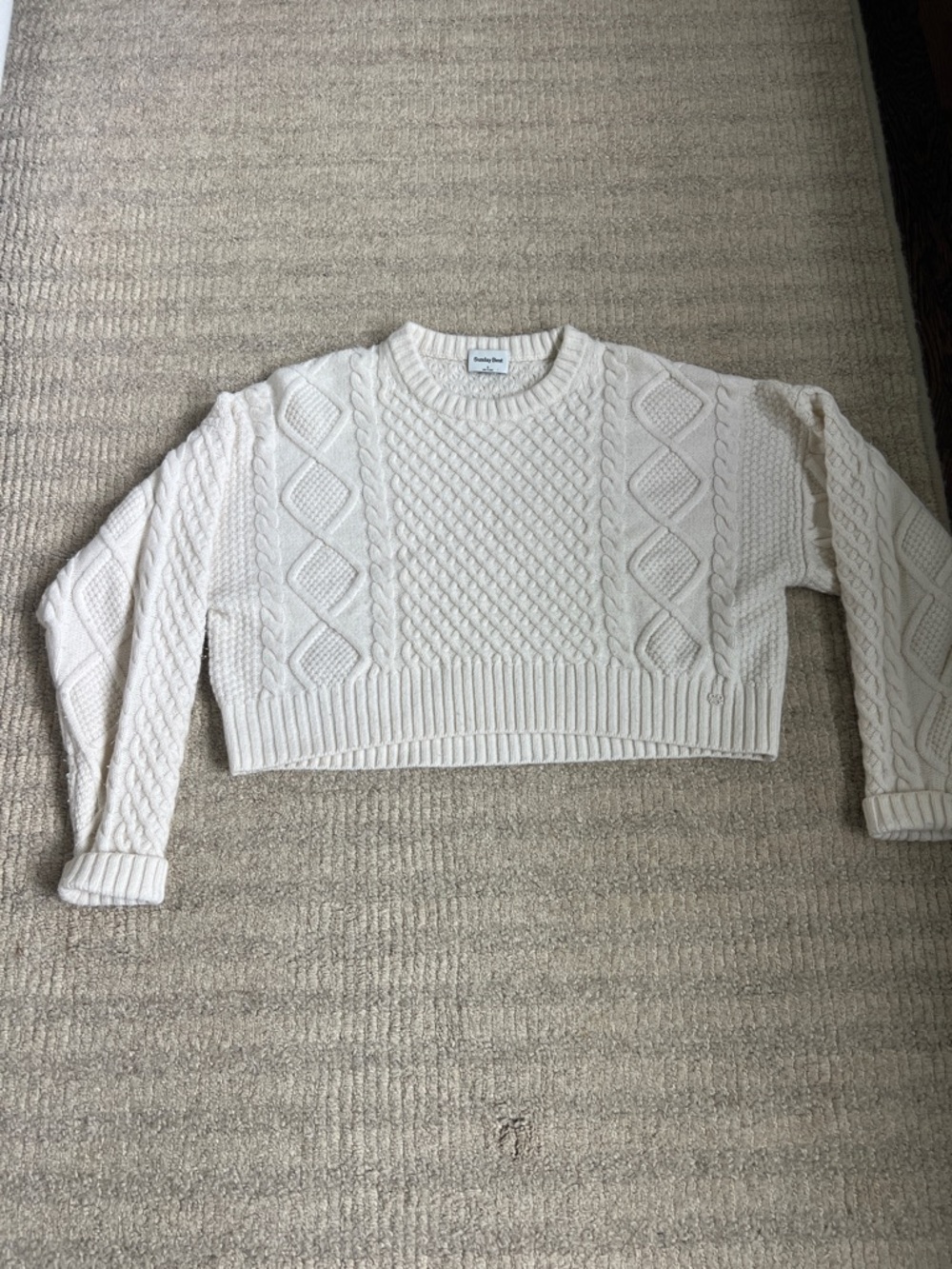 Sunday Best by Aritzia Cream Cable-Knit Cropped Crew Sweater